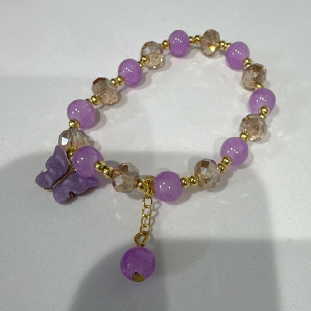 Purple Glass Beaded Bracelet with Butterfly Charm Gold Accents Adjustable 7in